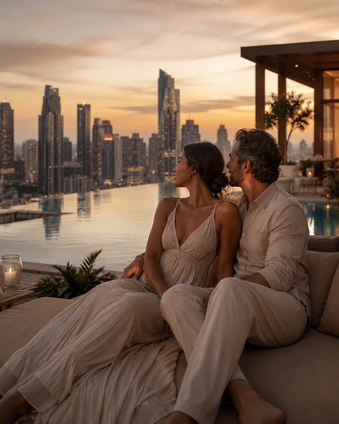 Couple enjoying the sunset atmosphere at a luxury rooftop lounge
