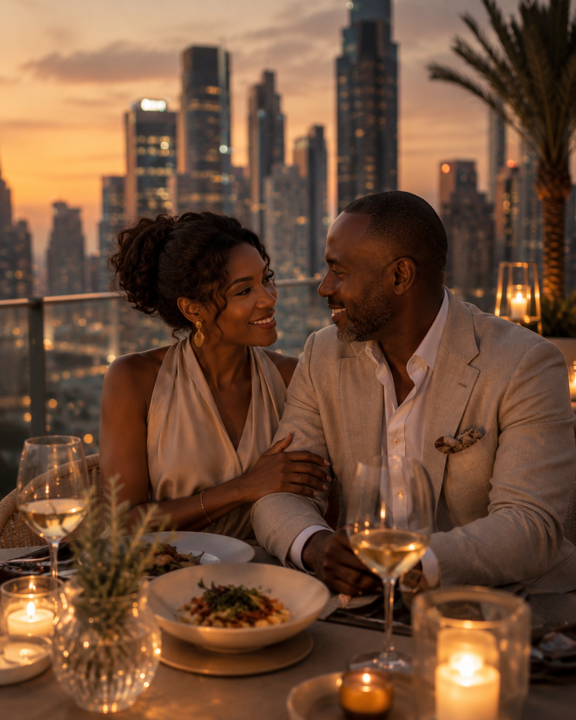 Couple relaxing side by side on an upscale resort terrace at golden hour