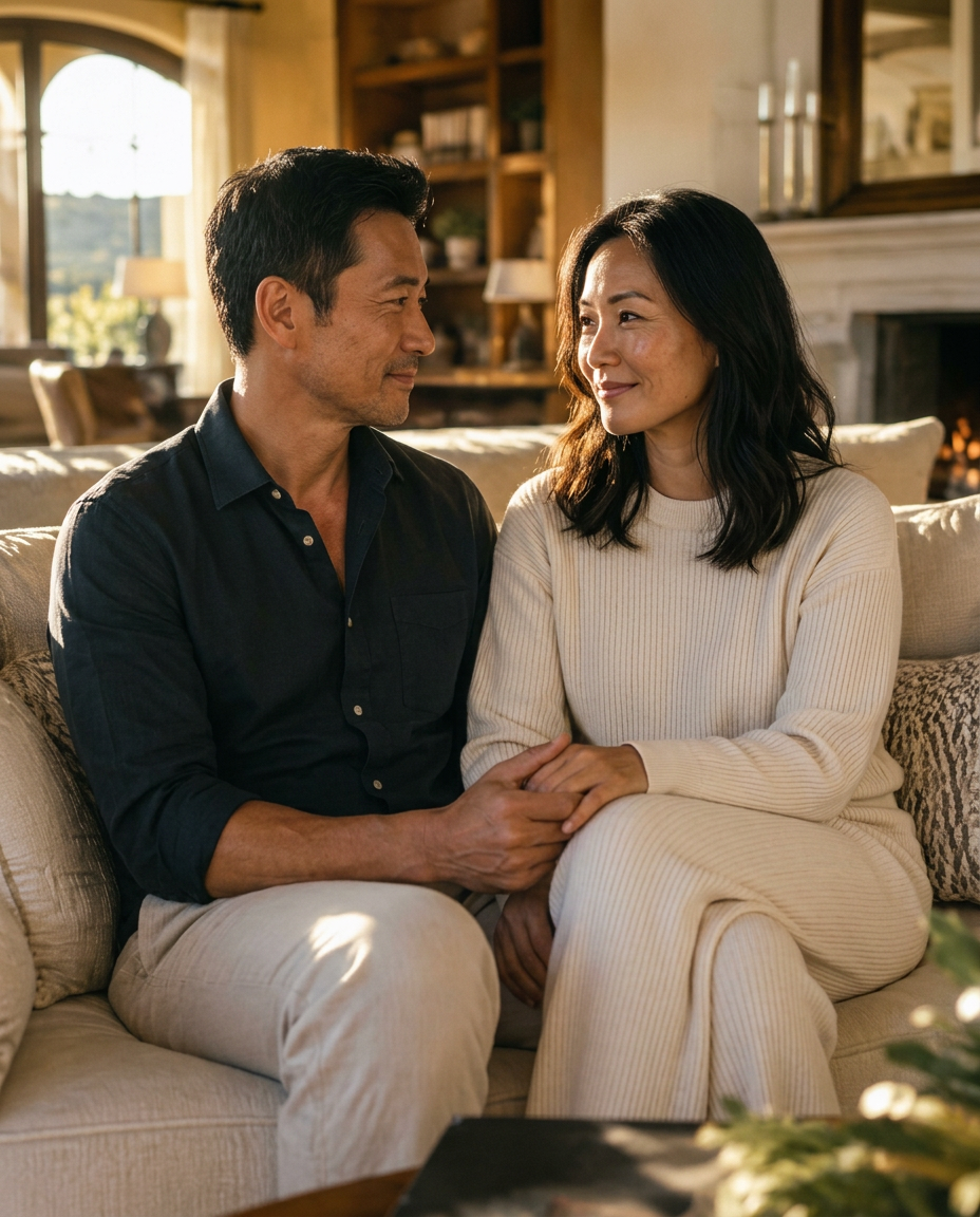 Couple sitting close together, holding hands and smiling warmly