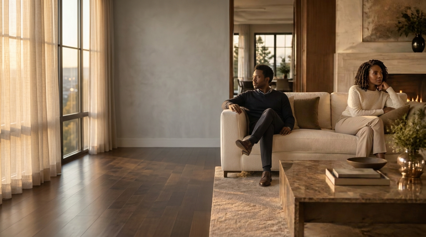 Couple sitting at opposite ends of a sofa in a beautiful living room at golden hour