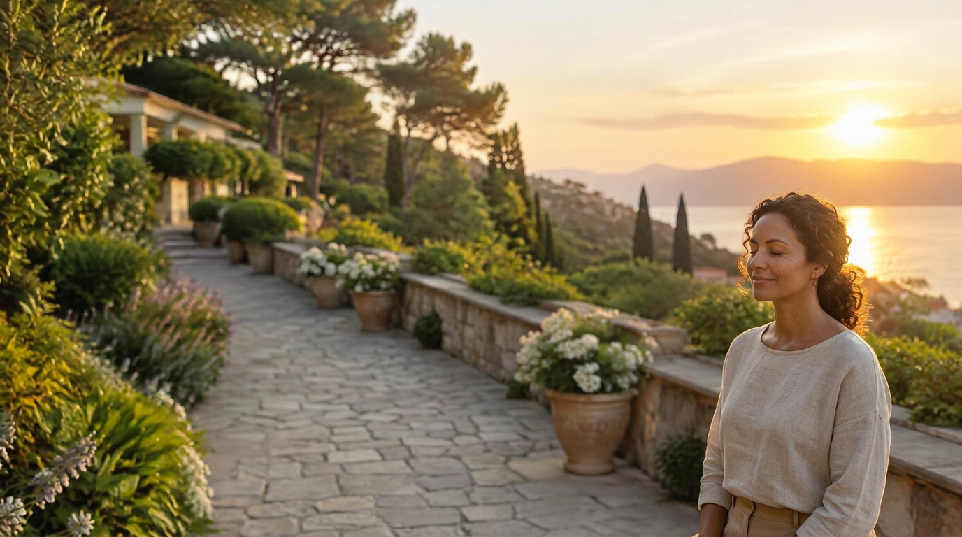 Person standing peacefully on a garden terrace at sunrise