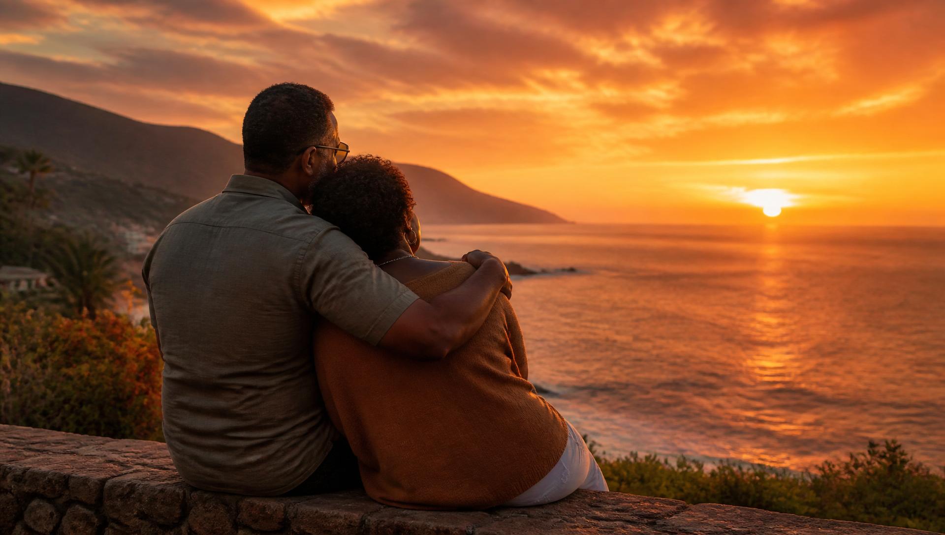 Couple sitting together watching the sunset over the ocean
