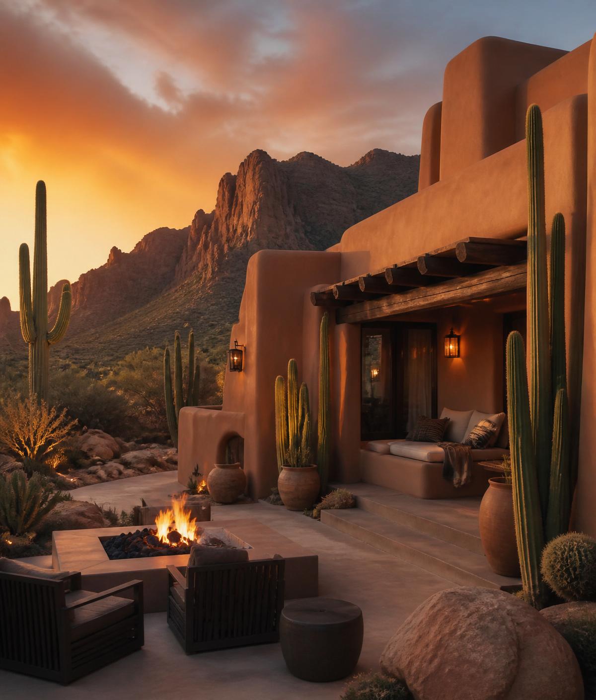 Adobe-style desert villa with fire pit under a golden Arizona sunset