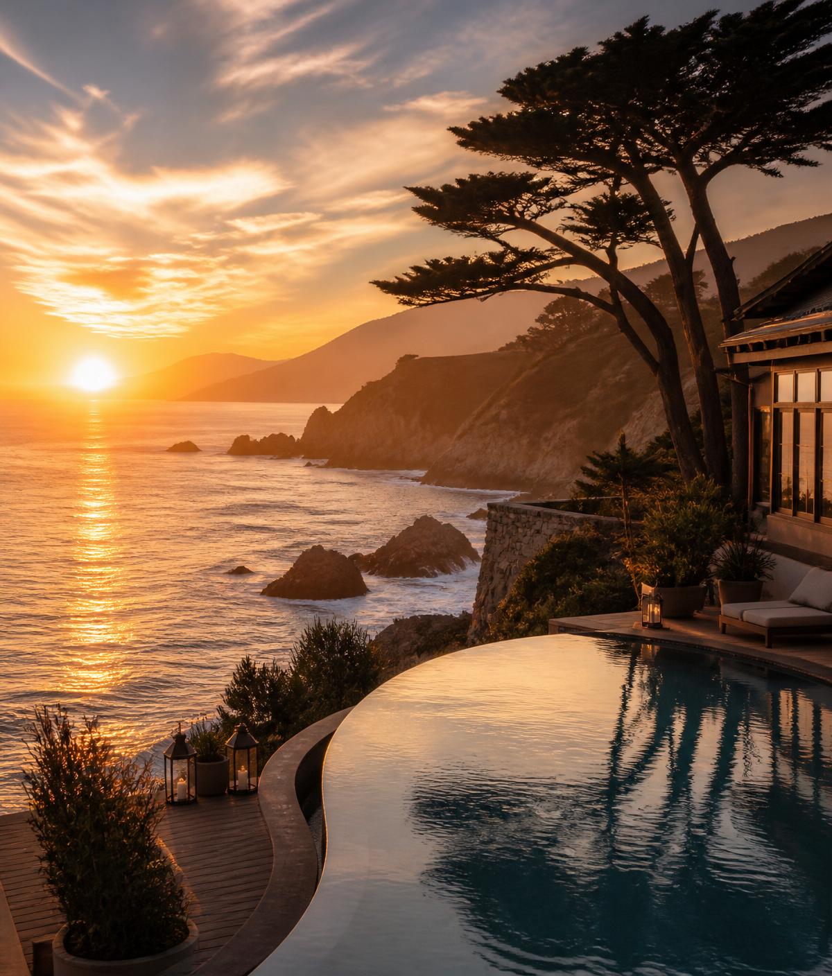 Cliffside luxury resort overlooking the California coast at sunset