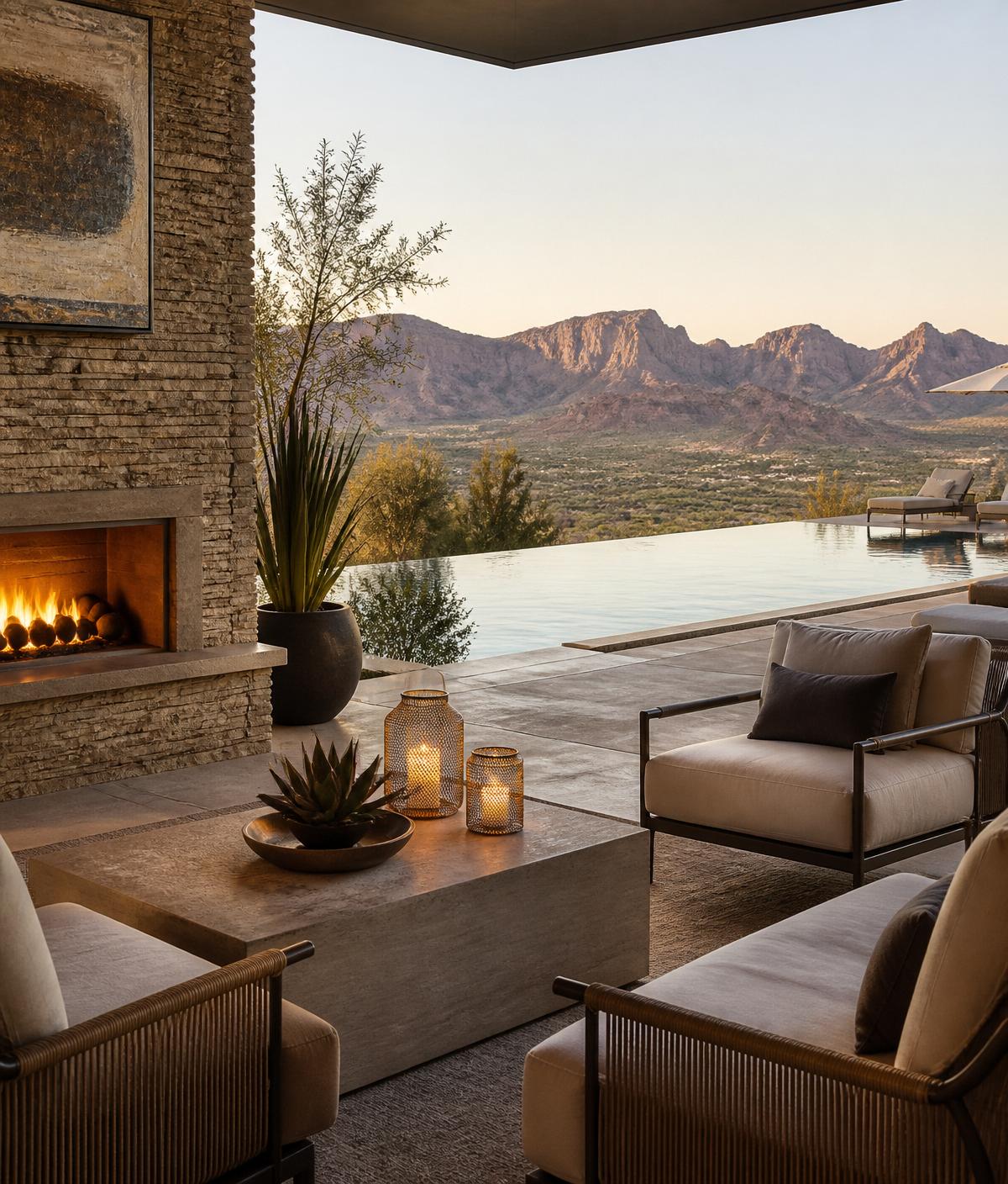 Modern Nevada luxury resort lounge with an infinity pool and mountain views