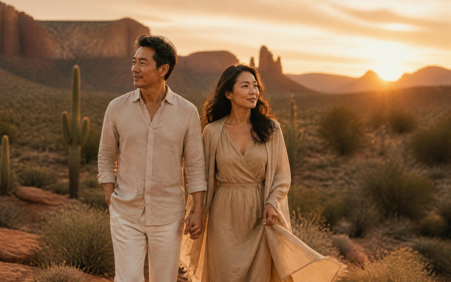 Couple walking together through the Arizona desert at sunrise
