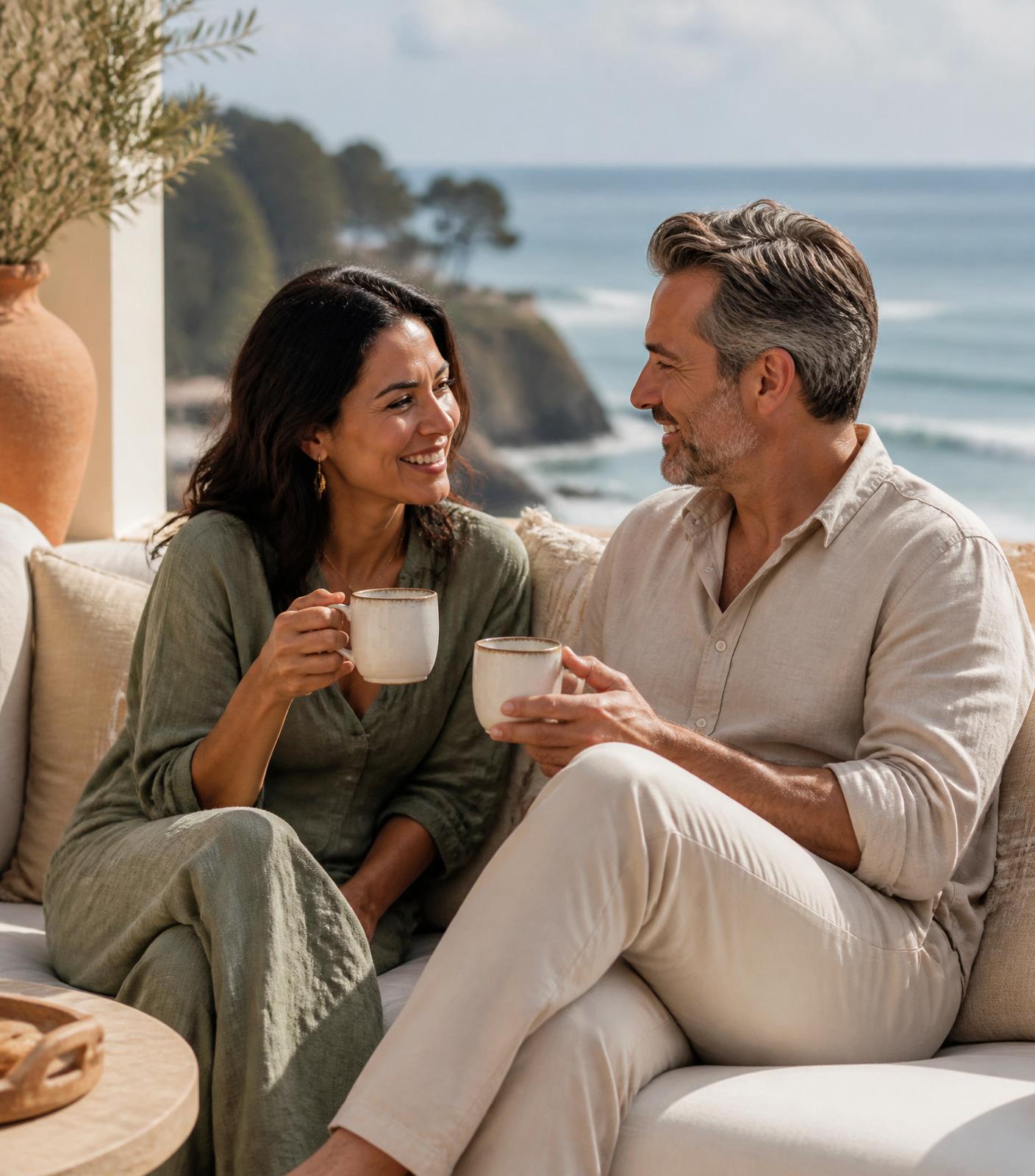 Couple sharing morning coffee on an oceanfront terrace