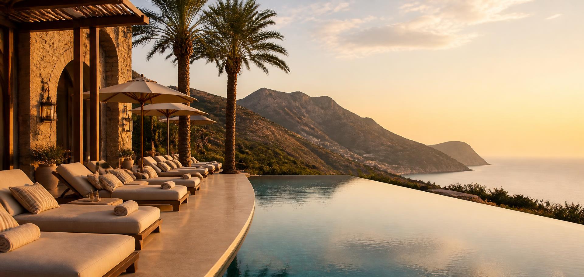 Infinity pool at an upscale boutique resort overlooking mountains and coastline at golden hour